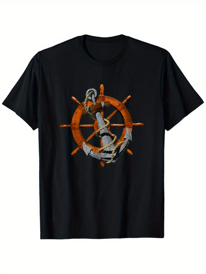 Men's Graphic T-Shirt Rustic Wooden Steering Wheel With Classic Rope And Nautical Iron Anchor