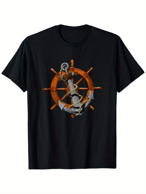 Men's Graphic T-Shirt Rustic Wooden Steering Wheel With Classic Rope And Nautical Iron Anchor