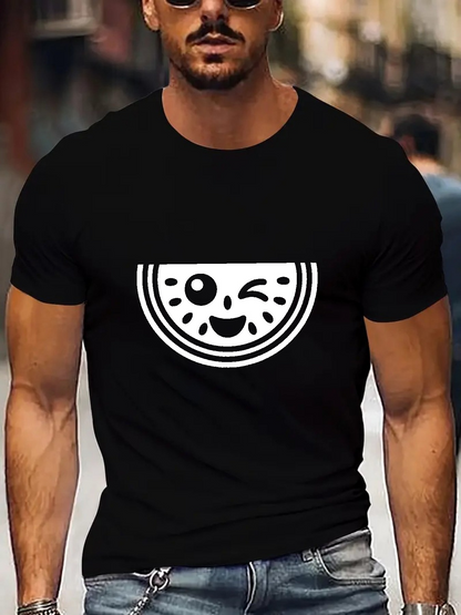 Men's Graphic T-Shirt Playful Cartoon Style Winking Face Inside Watermelon Slice Design