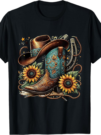 Men's Graphic T-Shirt Sunflowers Boots And Hat With Rustic Rodeo Accessories Cowboy