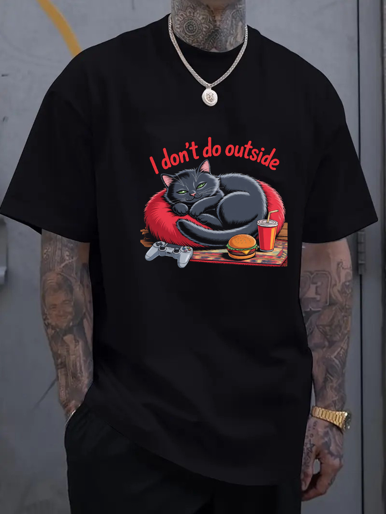 Men's Graphic T-Shirt I Dont Do Outside Relaxing Cat With Game Controller Burger And Soda