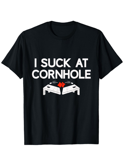 Men's Graphic T-Shirt I Suck At Cornhole Two Tossing Bags Over Wooden Game Boards Cornhole