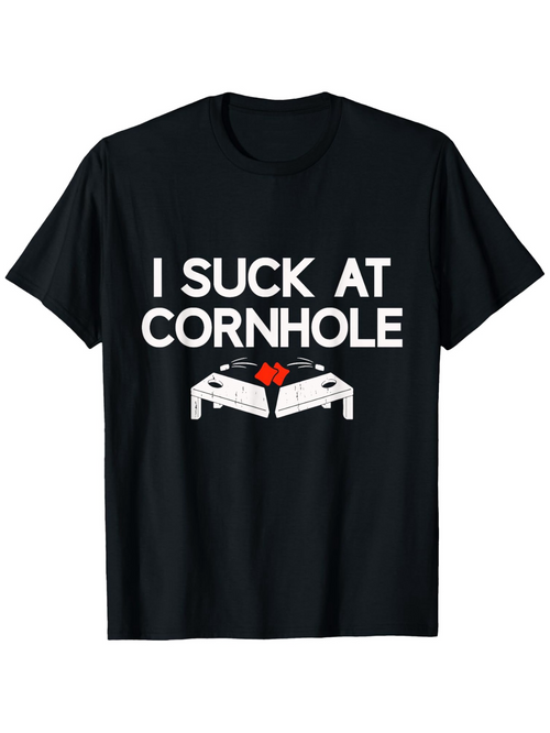 Men's Graphic T-Shirt I Suck At Cornhole Two Tossing Bags Over Wooden Game Boards Cornhole
