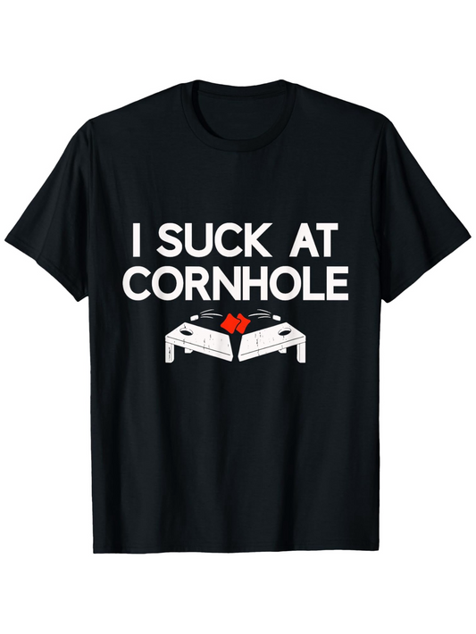Men's Graphic T-Shirt I Suck At Cornhole Two Tossing Bags Over Wooden Game Boards Cornhole