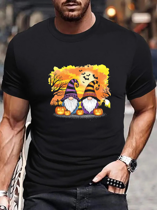 Men's Graphic T-Shirt Autumn Leaves And Pumpkins With Halloween Gnomes Under Night Sky