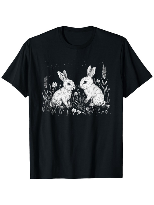 Men's Graphic T-Shirt Botanical Foliage With Delicate Flowers And Majestic Rabbits Under Moonlit Sky Rabbit