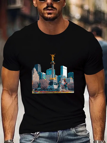 Men's Graphic T-Shirt Golden Angel Over City Skyline With Vibrant Urban Landscape Monument