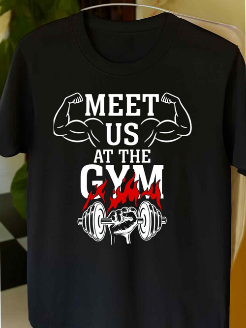 Men's Graphic T-Shirt Meet Us At The Gym Flaming Barbell With Flexing Muscles Graphic Design
