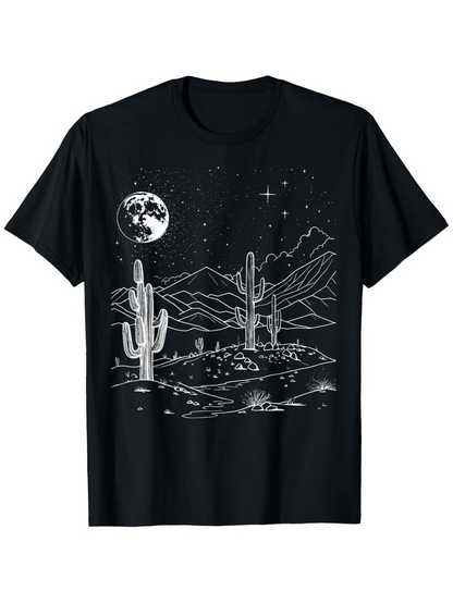 Men's Graphic T-Shirt Moonlit Starry Night With Cacti And Mountains In Desert Landscape