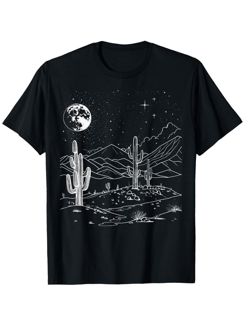 Men's Graphic T-Shirt Moonlit Starry Night With Cacti And Mountains In Desert Landscape