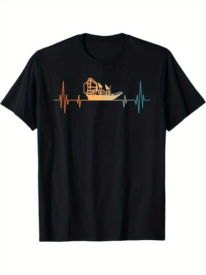 Men's Graphic T-Shirt Retro Gradient Pulse Lines With Airboat In The Center