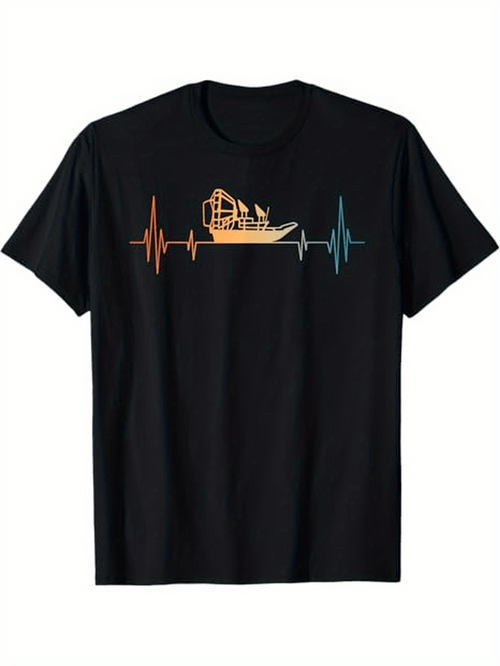 Men's Graphic T-Shirt Retro Gradient Pulse Lines With Airboat In The Center