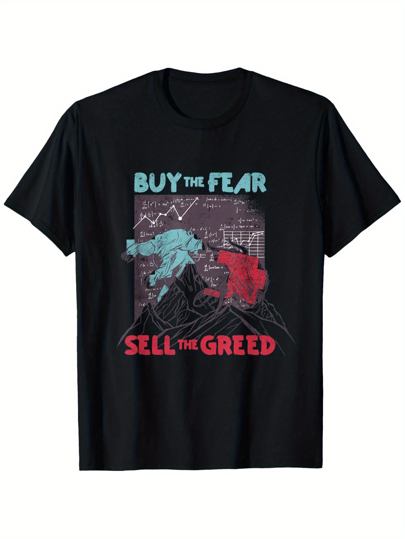 Men's Graphic T-Shirt Buy The Fear Sell The Greed Surging Stock Charts With Charging Bull And Bear