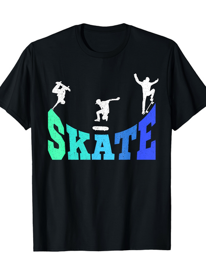 Men's Graphic T-Shirt Skateboarders Performing Tricks On Gradient Colored Letters Skate