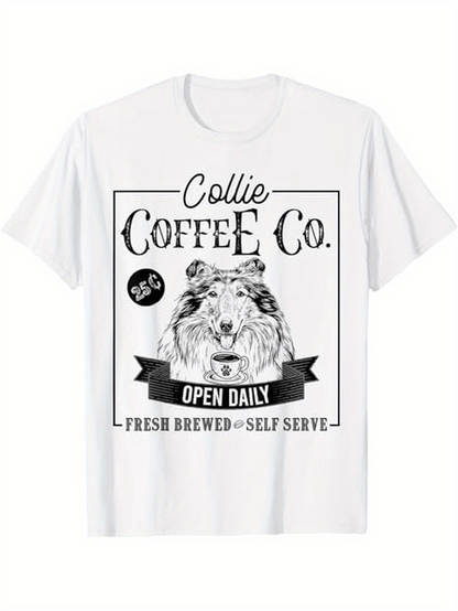Men's Graphic T-Shirt Collie Coffee Co Open Daily Fresh Brewed Self Serve Collie Dog