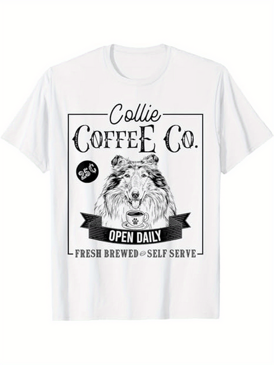 Men's Graphic T-Shirt Collie Coffee Co Open Daily Fresh Brewed Self Serve Collie Dog