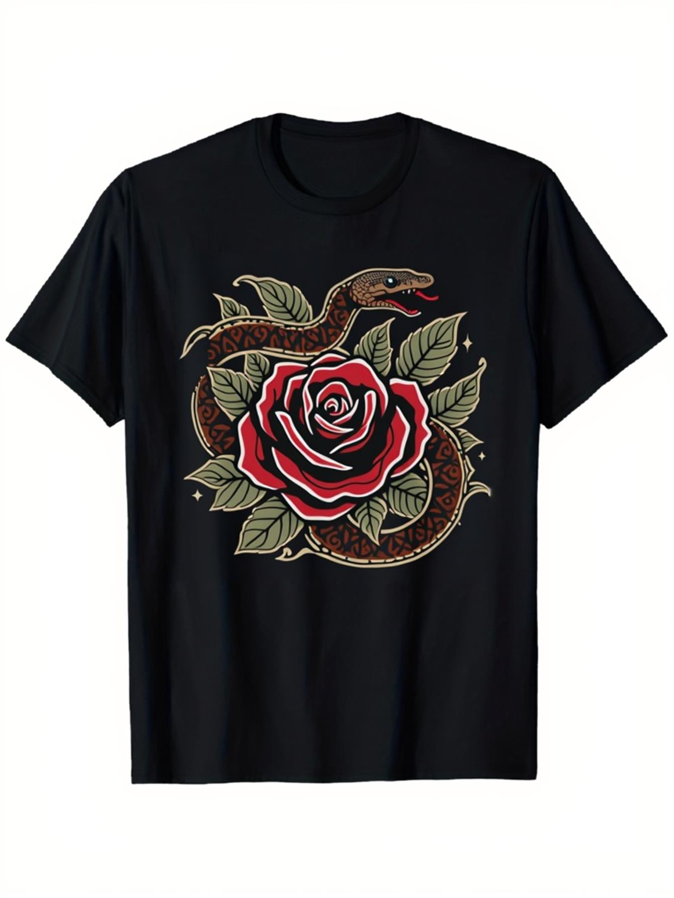 Men's Graphic T-Shirt Vintage Red Rose With Coiling Brown Snake Among Lush Green Leaves