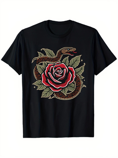 Men's Graphic T-Shirt Vintage Red Rose With Coiling Brown Snake Among Lush Green Leaves