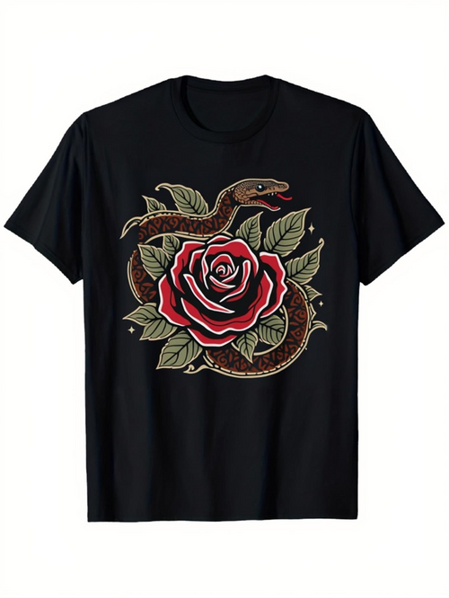 Men's Graphic T-Shirt Vintage Red Rose With Coiling Brown Snake Among Lush Green Leaves