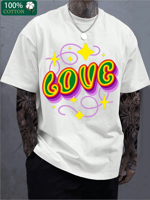 Men's Graphic T-Shirt Vibrant Retro Swirls Bright Stars Around Love Text