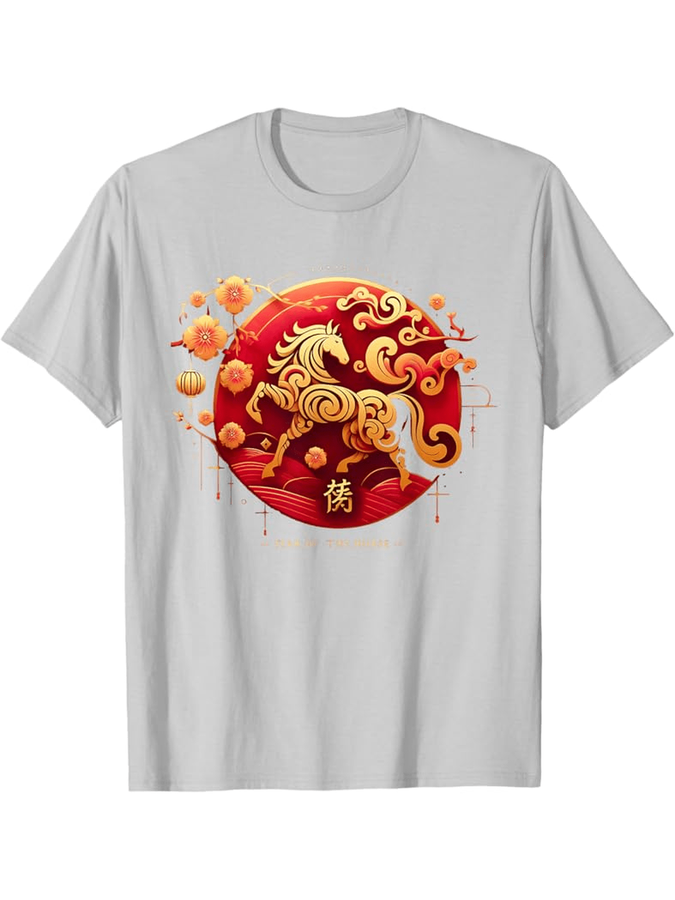 Men's Graphic T-Shirt Golden Swirling Horse With Blossoms Over Red Sun Disc