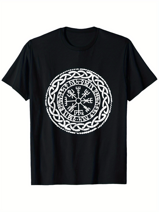 Men's Graphic T-Shirt Runic Symbols Inside Interlaced Nordic Style Circle Crest