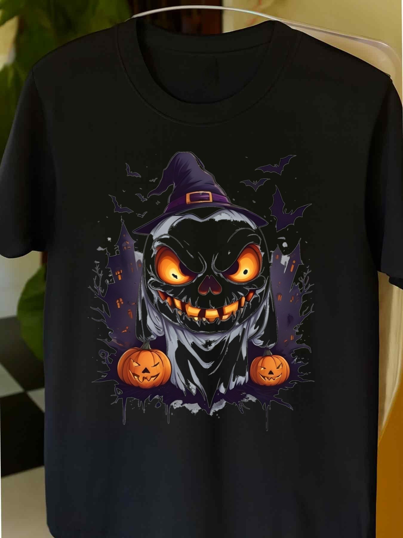 Men's Graphic T-Shirt Dark Night With Witch Hat Grinning Pumpkin Surrounded By Haunted Trees