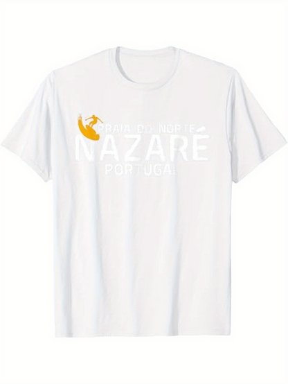 Men's Graphic T-Shirt Nazare Portugal With Yellow Crescent Moon Over White Letters T Shirt
