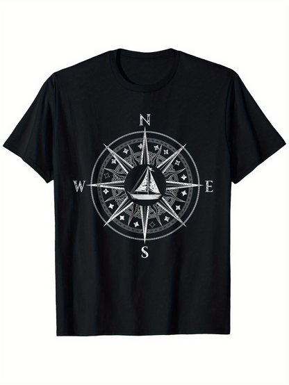 Men's Graphic T-Shirt Directional Letters With Intricate Compass Elements Circling Sailboat