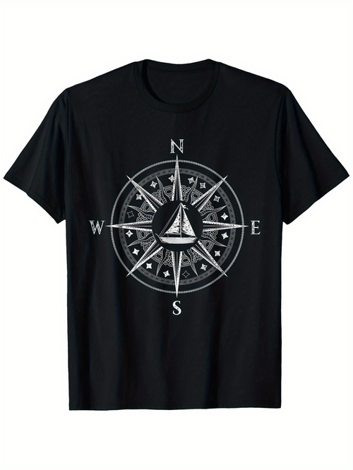 Men's Graphic T-Shirt Directional Letters With Intricate Compass Elements Circling Sailboat