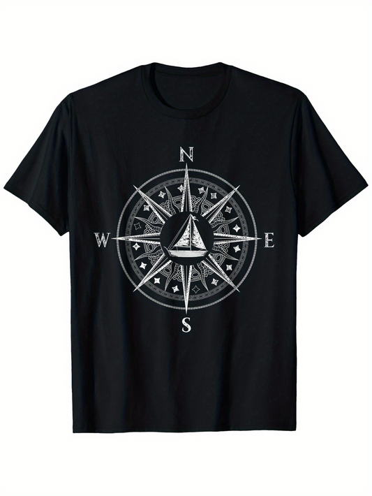 Men's Graphic T-Shirt Directional Letters With Intricate Compass Elements Circling Sailboat