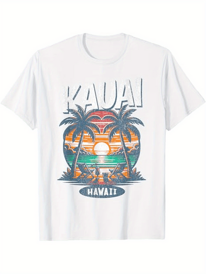 Men's Graphic T-Shirt Kauai Hawaii Vibrant Sunset Beach With Palm Trees And Ocean Waves