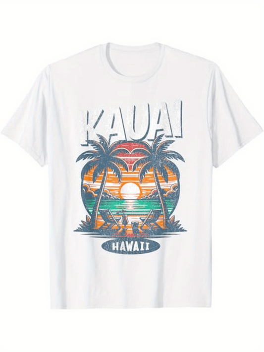 Men's Graphic T-Shirt Kauai Hawaii Vibrant Sunset Beach With Palm Trees And Ocean Waves
