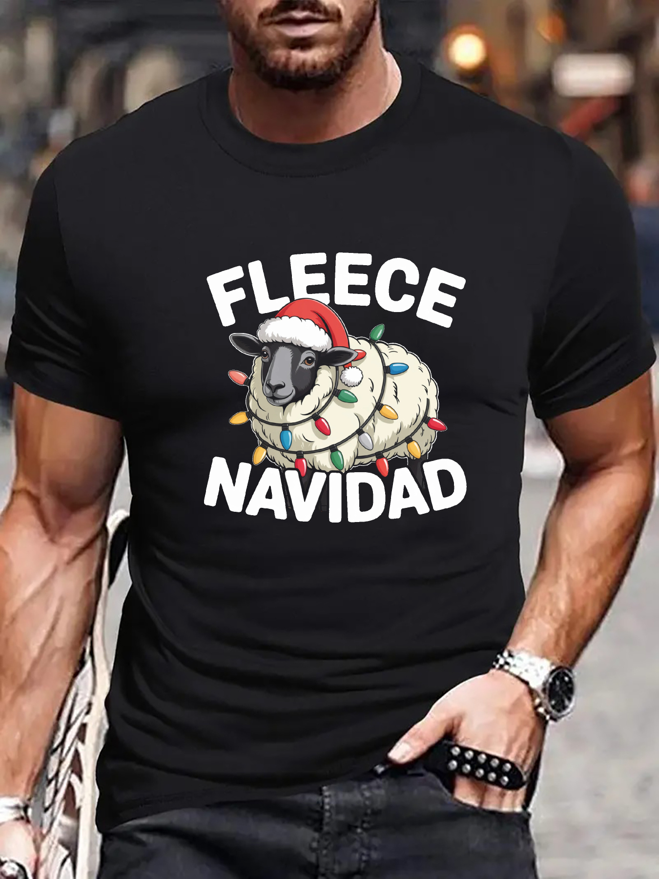 Men's Graphic T-Shirt Fleece Navidad Sheep Wearing Christmas Santa Hat Lights