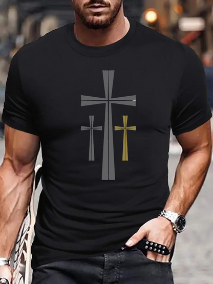 Men's Graphic T-Shirt Minimalist Urban Silhouettes With Three Stylized Metallic Crosses