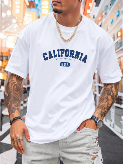 Men's Graphic T-Shirt California Bold Navy Lettering On Clean White Shirt