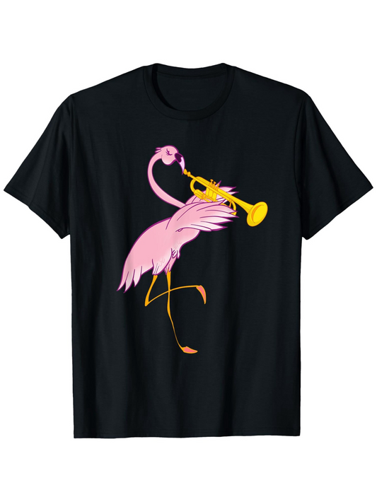 Men's Graphic T-Shirt Playful Pink Flamingo With Yellow Trumpet On Black Shirt