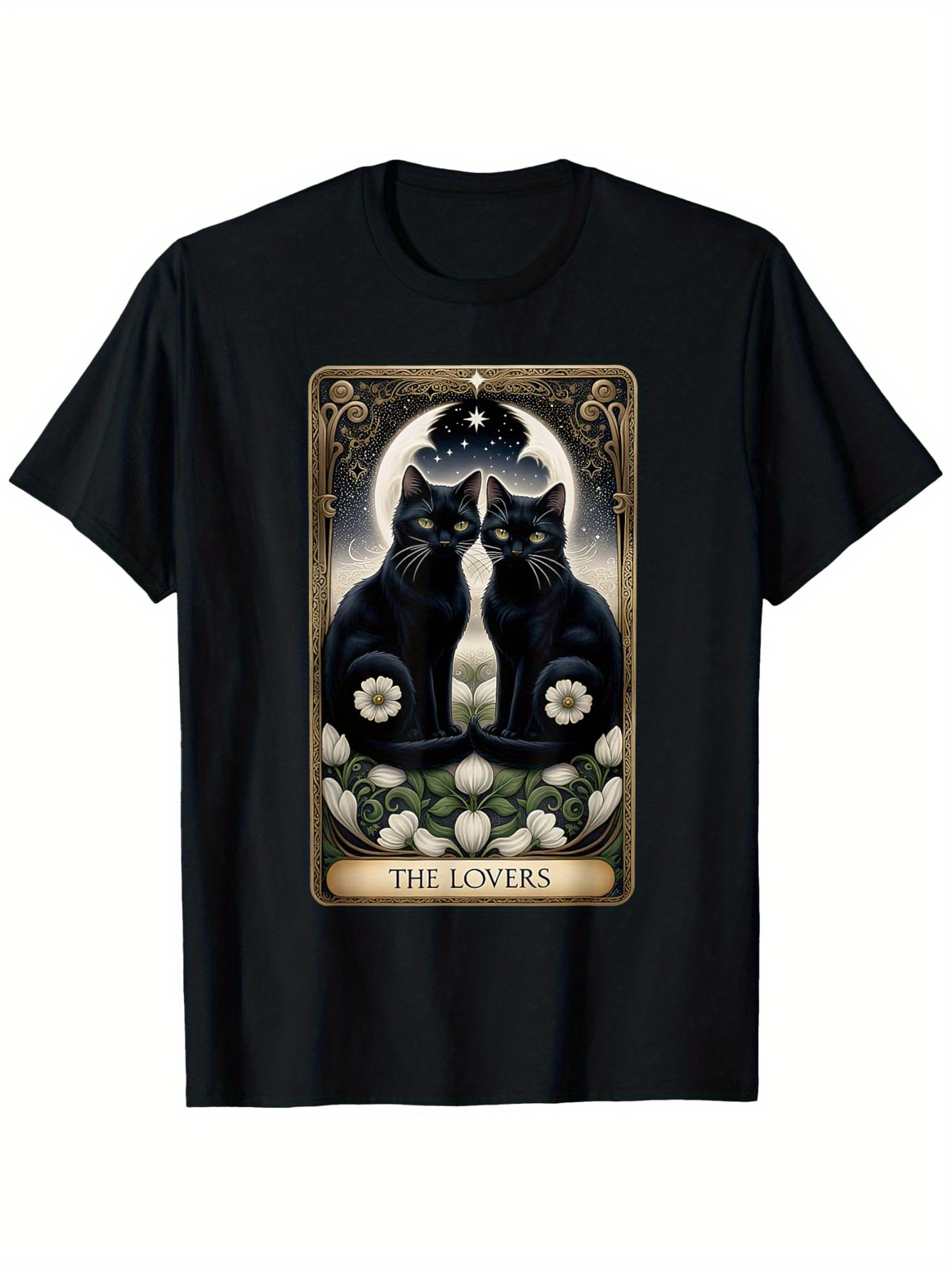Men's Graphic T-Shirt The Lovers Vintage Tarot Card Framed Floral Black Cat