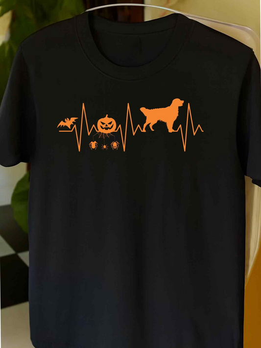 Men's Graphic T-Shirt Halloween Pumpkin Bat And Dog Silhouette With Heartbeat Line Dog