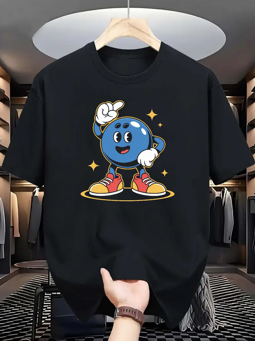 Men's Graphic T-Shirt Cartoon Style Smiling Blue Bowling Ball Surrounded By Golden Stars Character