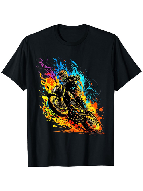 Men's Graphic T-Shirt Colorful Flames Bursting With Motion Surrounding Fiery Extreme Sports Motorcycle