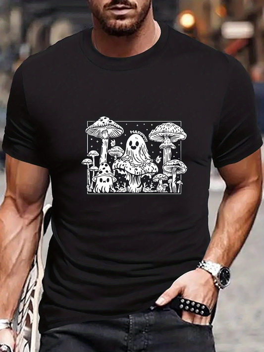 Men's Graphic T-Shirt Spooky Forest Night With Whimsical Ghosts Among Giant Mushrooms