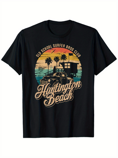 Men's Graphic T-Shirt Old School Surfer Surfing On Sunset Beach With Palm Trees Ocean And Vintage Car