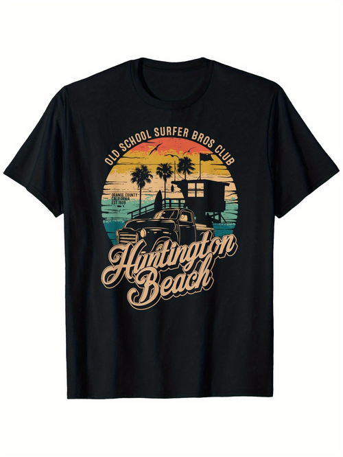 Men's Graphic T-Shirt Old School Surfer Surfing On Sunset Beach With Palm Trees Ocean And Vintage Car