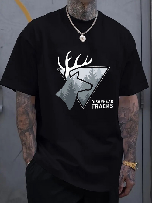 Men's Graphic T-Shirt Disappear Tracks Misty Pine Woodland With A Stylized Deer Graphic