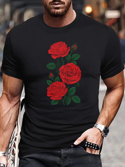 Men's Graphic T-Shirt Vivid Red Blooms With Green Leaves Centered On Black Rose