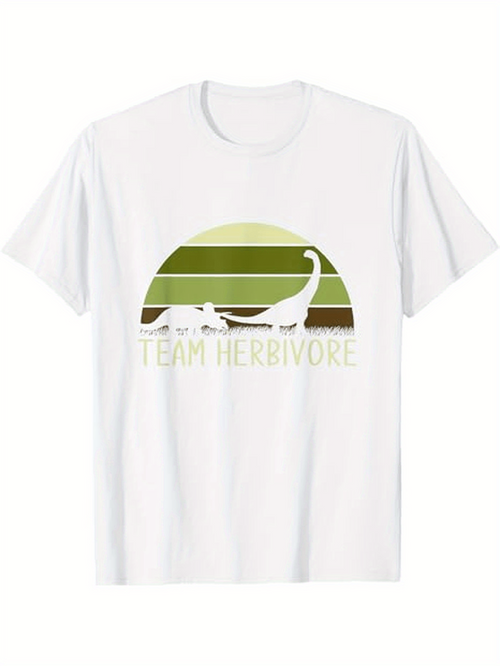 Men's Graphic T-Shirt Team Herbivore Green Sunset With Grazing Brontosaurus Dinosaur