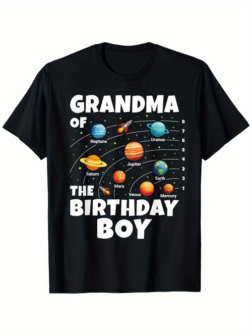 Men's Graphic T-Shirt Grandma Of The Birthday Boy Colorful Planets Orbiting In Outer Space Solar System
