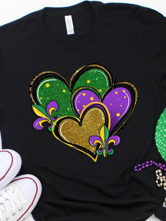 Women's Graphic T-Shirt Sparkling Glittery Hearts With Fleur De Lis On Black Tee