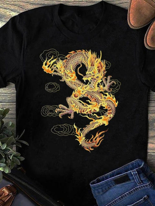 Men's Graphic T-Shirt Blazing Golden Flames Swirling Among Curling Mystical Smoke Dragon